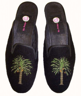 TW013 Palm On Black Needlepoint Mule * New*