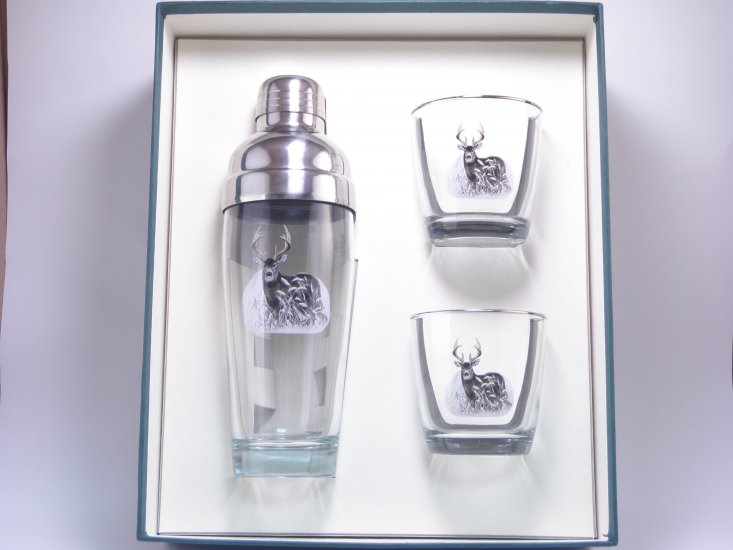 Deer, Cocktail Shaker Set w/2 Tapered Old Fashioned, Gift Boxed - Click Image to Close