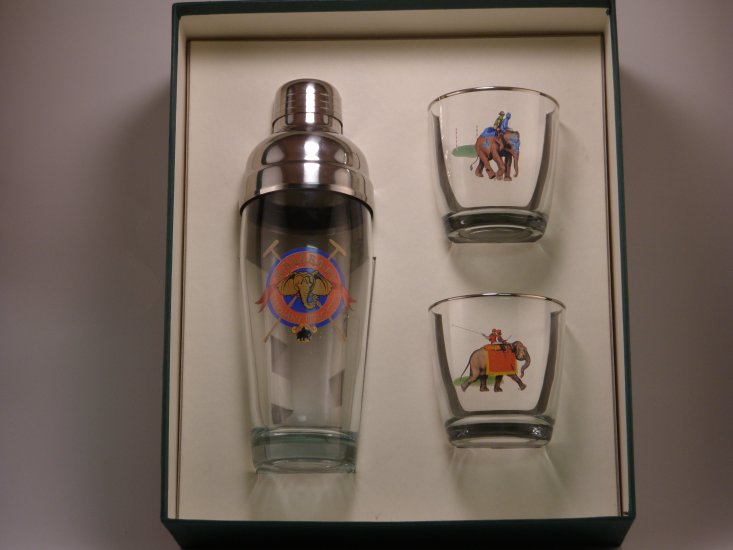 Elephant Polo, Cocktail Shaker Set w/2 Tapered Old Fashioned, Gi - Click Image to Close