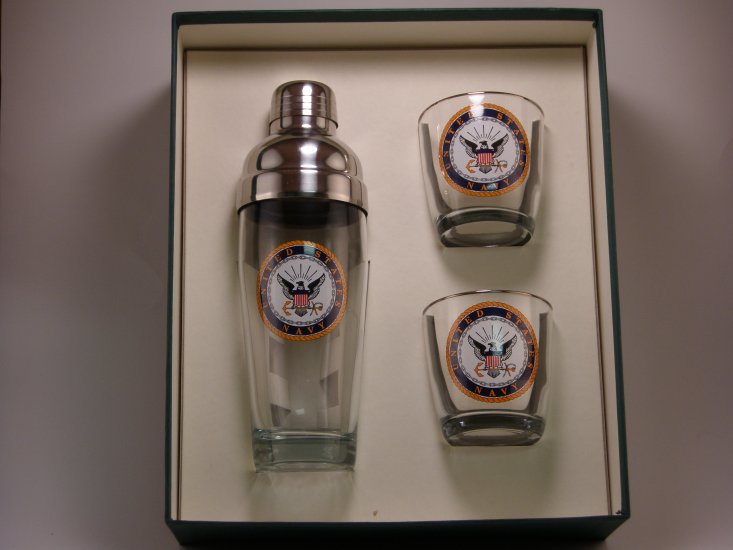 Navy, Cocktail Shaker Set w/2 Tapered Old Fashioned, Gift Boxed - Click Image to Close