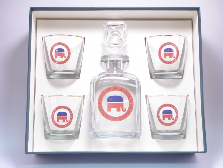 Republican, Decanter Set w/4 Tapered Old Fashioned, gift Boxed - Click Image to Close