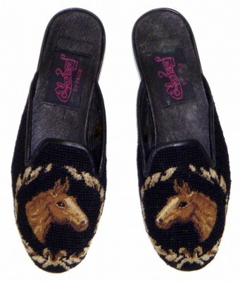 TW1049 Horse Head on Black Needlepoint Mule