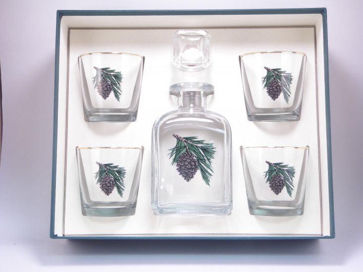 Pine Cone, Decanter Set w/4 Tapered Old Fashioned, gift Boxed - Click Image to Close