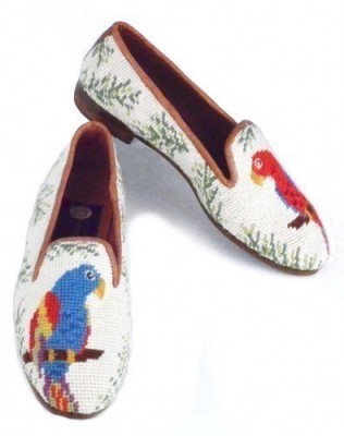X7039 Red and Blue Needlepoint Parrot Loafers-Women's