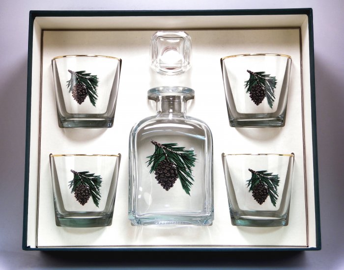 Pine Cone, Decanter Set w/4 Tapered Old Fashioned, gift Boxed - Click Image to Close