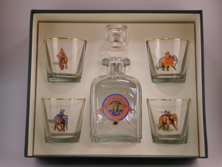 Elephant Polo, Decanter Set w/4 Tapered Old Fashioned, gift Boxe - Click Image to Close