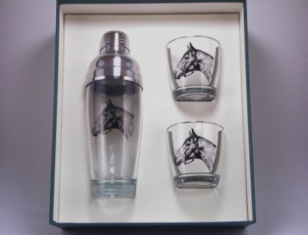 Seabiscuit, Cocktail Shaker Set w/2 Tapered Old Fashioned Glasses, gift boxed