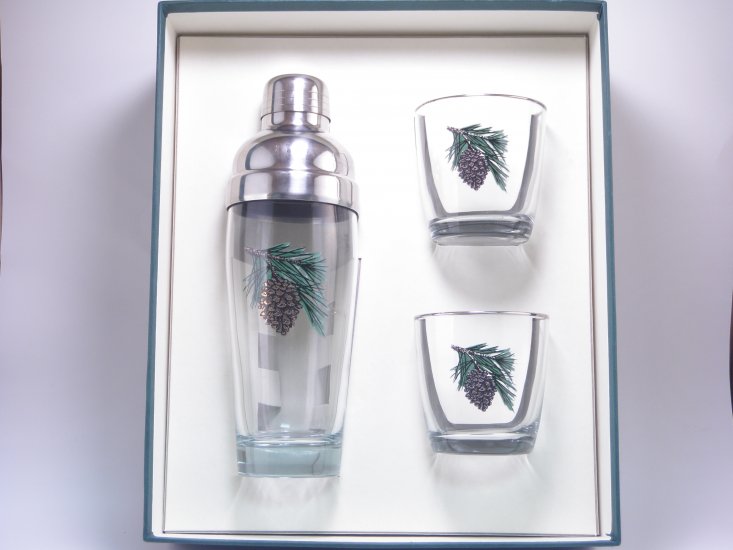Pine Cone, Cocktail Shaker, Set w/2 Tapered Old Fashioned, Gift - Click Image to Close
